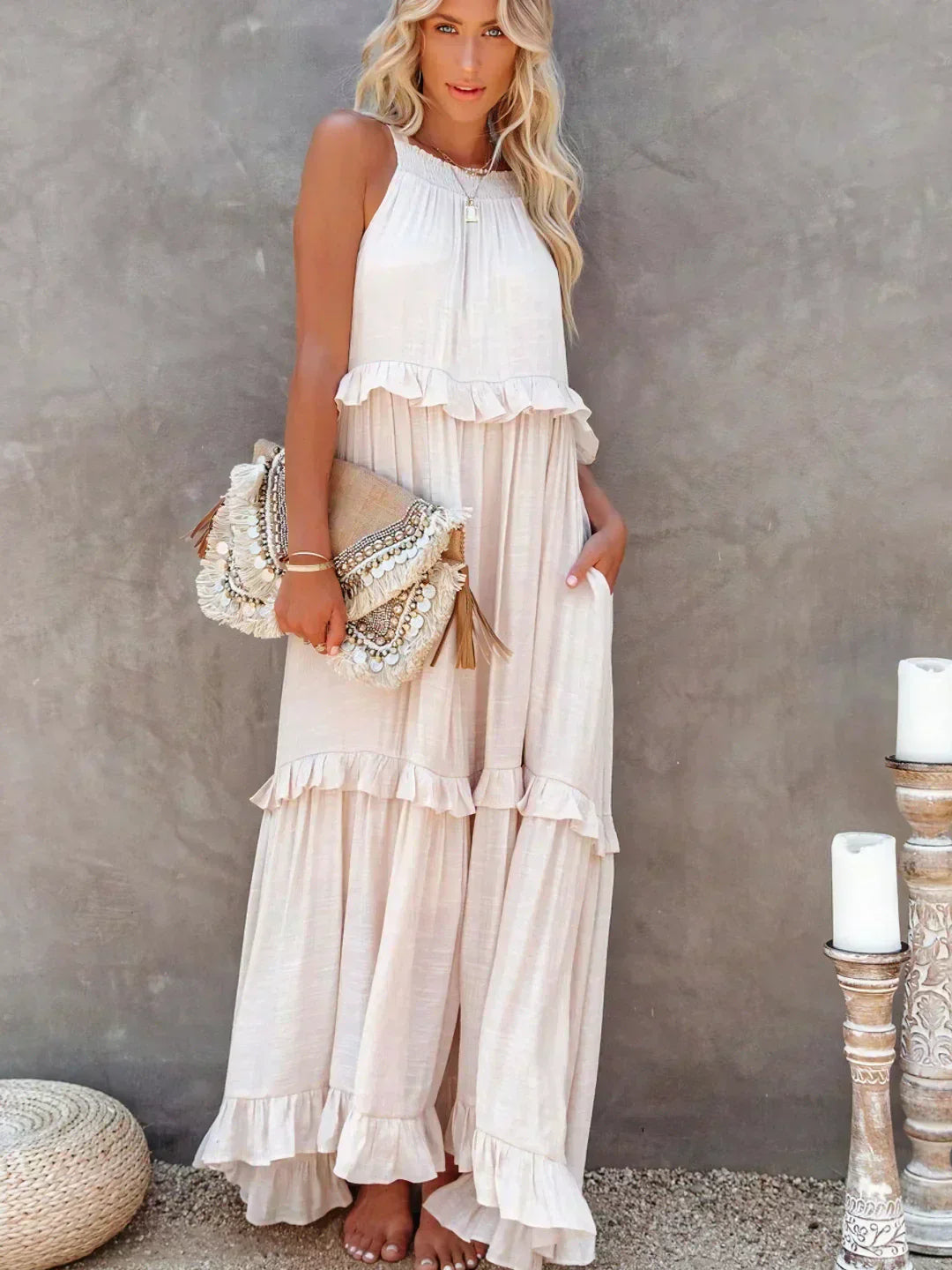 Robyn - Robe Maxi avec Volants et Col Halter